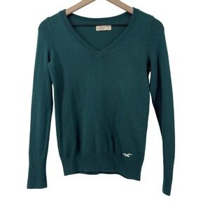 Vtg Hollister V-Neck Long‎ Sleeve Knit Sweater Green Women XS 90s Y2K Bird Logo